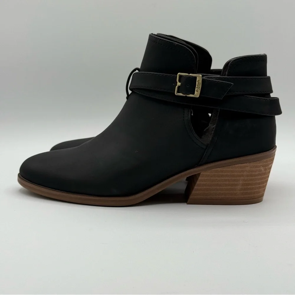 Dr. Scholl’s Literally Black Cutout Ankle Boots w/ Gold Buckle & Stacked Heel - Picture 3 of 16